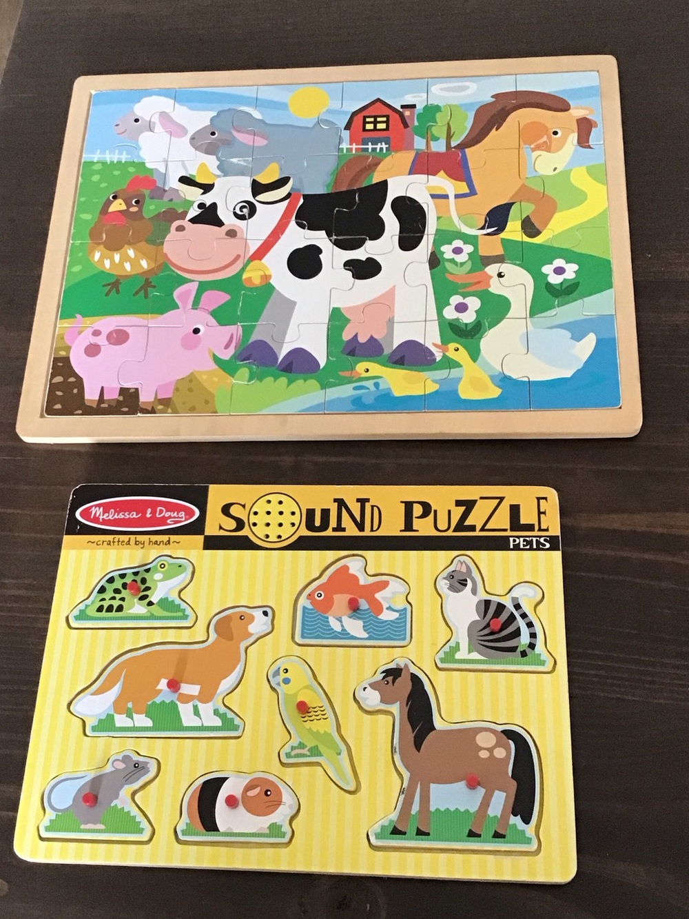 Melissa & Doug sound puzzle and farm puzzle.
